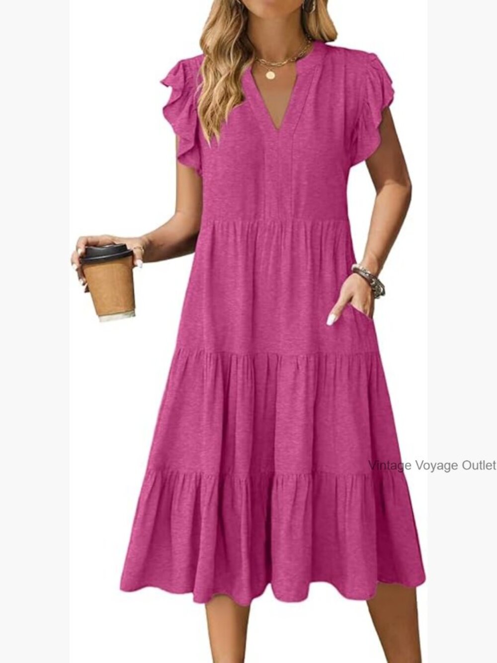 Womens Summer Dress Ruffle Sleeve V Neck Midi Casual Dress Flowy Tiered Boho - Picture 1 of 5